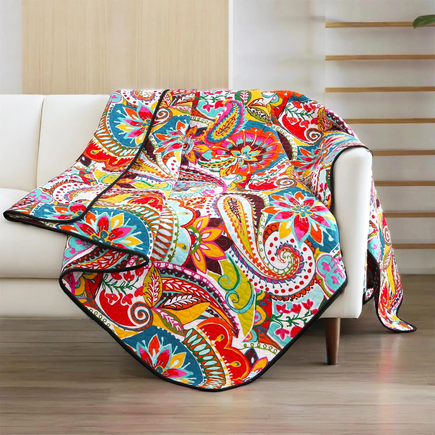 Qucover Cotton Quilted Throw Blanket, Soft Boho Quilt 59"x79", Bright Colorful Red, Orange, Pink and Blue Reversible Paisley Lightweight Quilts for Couch Sofa Beds