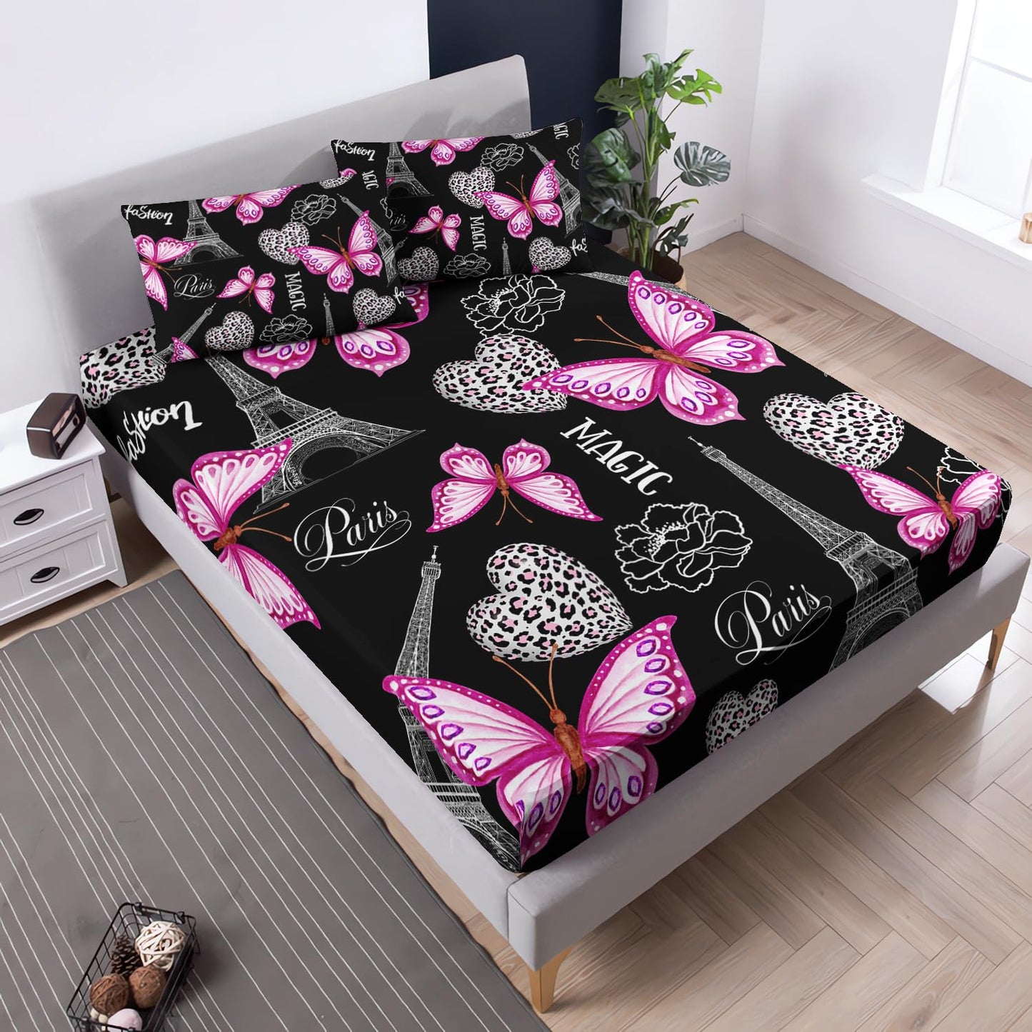 UEVBF Pink Butterfly Fitted Sheets Twin Bed Sets for Girls,Eiffel Tower Leopard Heart Pattern Bedding Sets with 2 Pillowcases,Women Girls Bedding Floral Fitted Sheet for Bedroom Paris Decor.