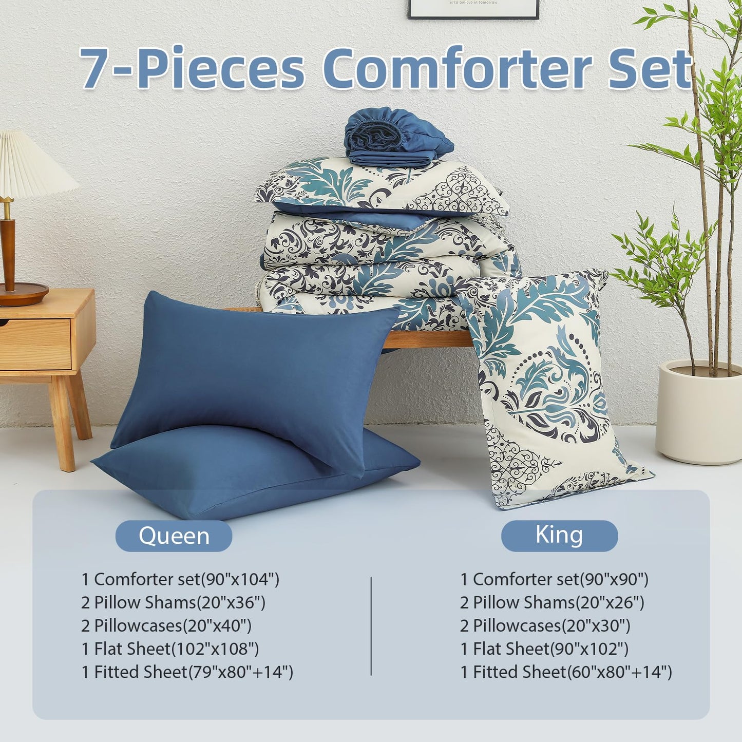 Anibedding Blue Comforter Set King Size, 7 Pieces Bohemian Damask Comforter Set Soft Lightweight Microfiber Bedding Set for All Season (104"x90")