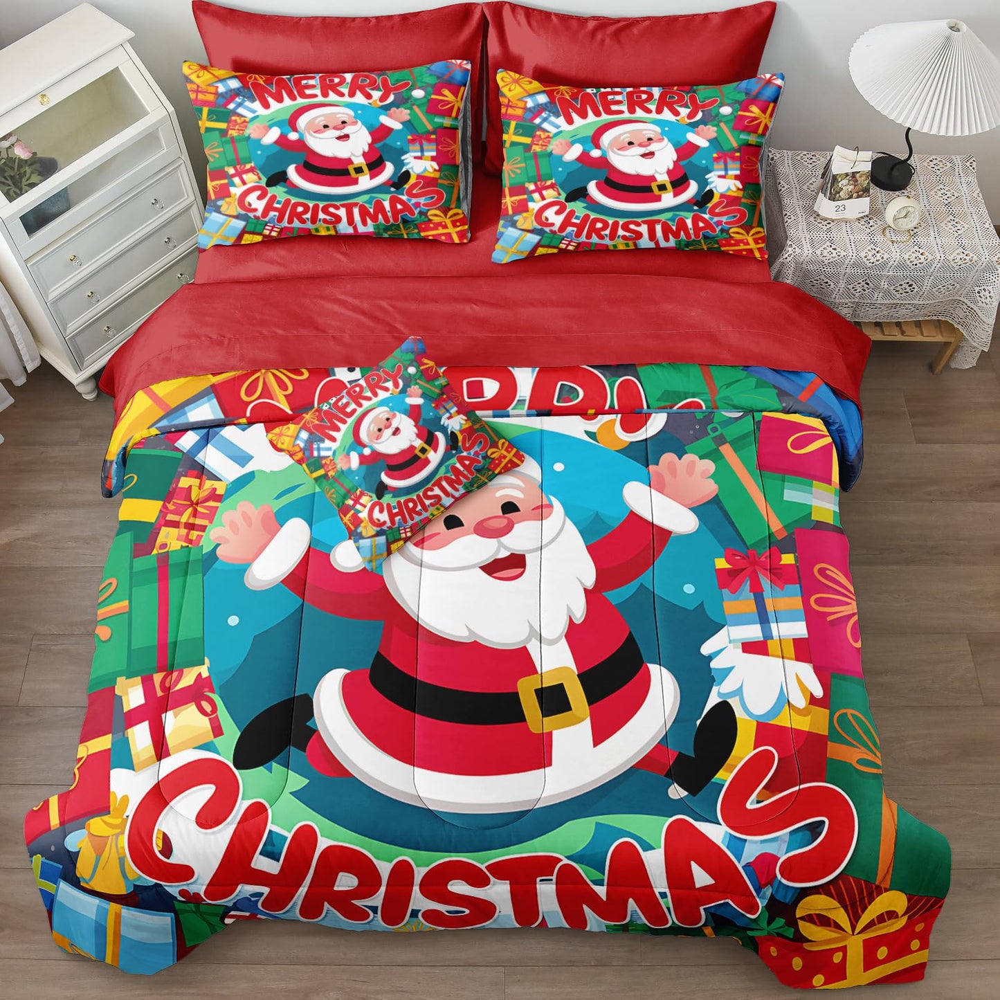 Bedding_Dreamer Santa Claus Comforter Queen Red Bed in a Bag 8 Pcs Christmas Bedding Merry Christmas Snowflake Home Decor with 1 Cushion Cover Soft and Lightweight