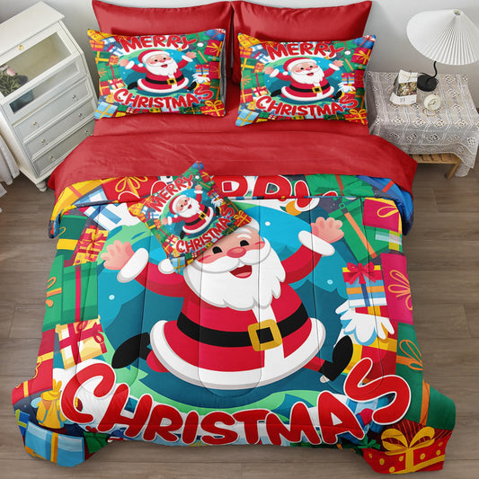 Bedding_Dreamer Santa Claus Comforter Queen Red Bed in a Bag 8 Pcs Christmas Bedding Merry Christmas Snowflake Home Decor with 1 Cushion Cover Soft and Lightweight