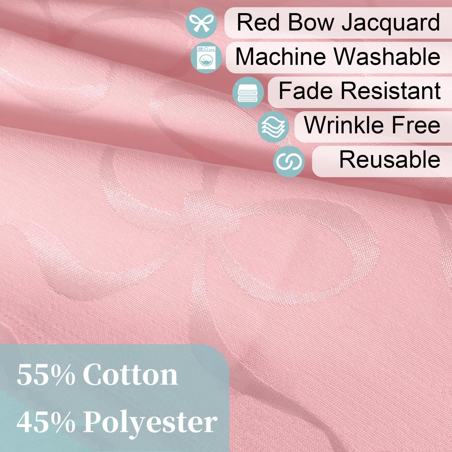 Elegant Tablecloth Rectangle, 60"x120", 1PC Washable Table Cloth for 9ft Table (10-12 Seat) - Cotton Polyester, Wrinkle Resistant, Pink Table Cloths for Valentine's Day & Celebration, Luxury Bows