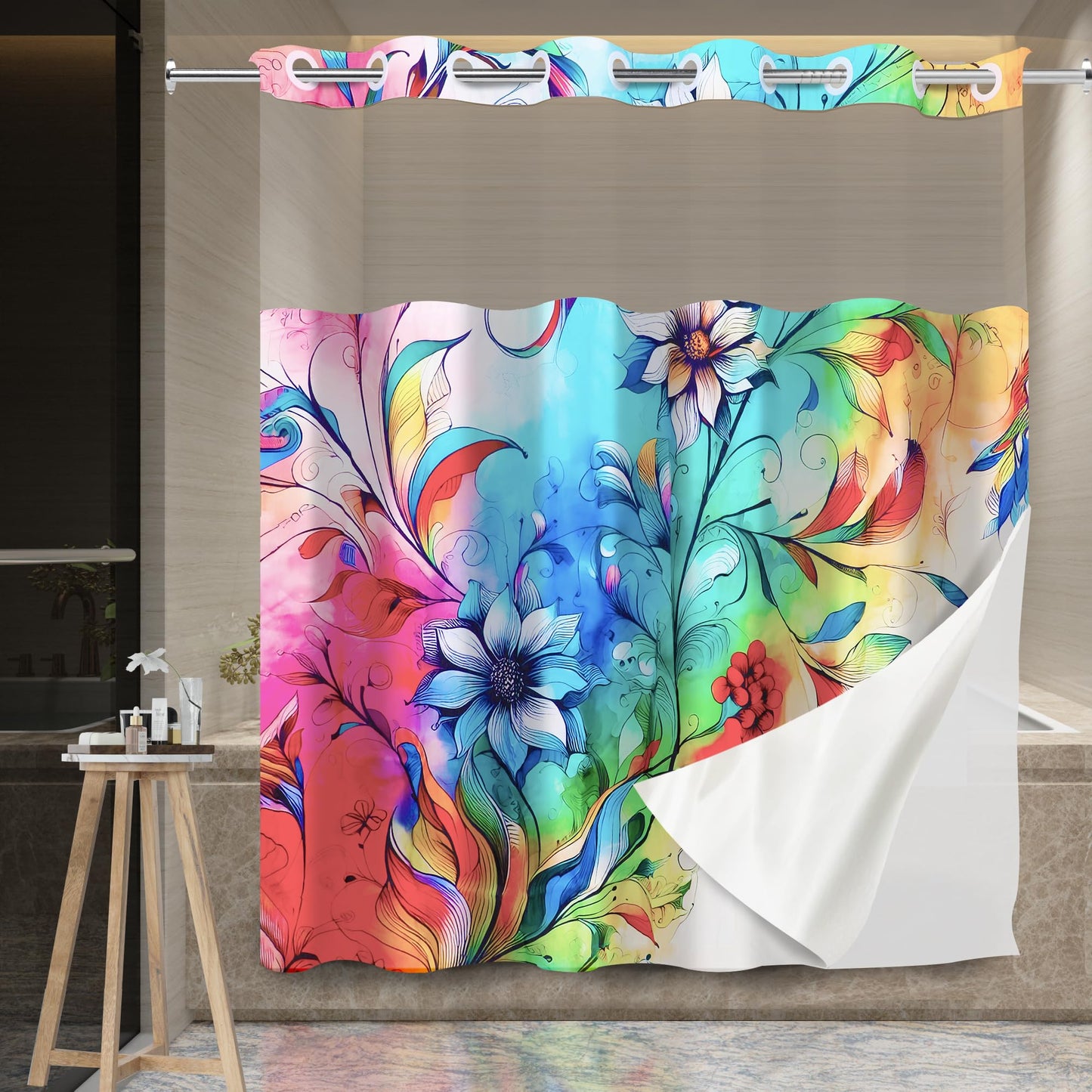 ShowerGeek Hookless Boho Floral Shower Curtain with Snap-in Liner Set, Vibrant Watercolor Fabric, See Through Sheer Window, Washable, 3 Magnet Weights, No Hook, Waterproof, Farmhouse - Standard Size