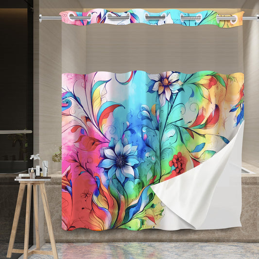 ShowerGeek Hookless Boho Floral Shower Curtain with Snap-in Liner Set, Vibrant Watercolor Fabric, See Through Sheer Window, Washable, 3 Magnet Weights, No Hook, Waterproof, Farmhouse - Standard Size