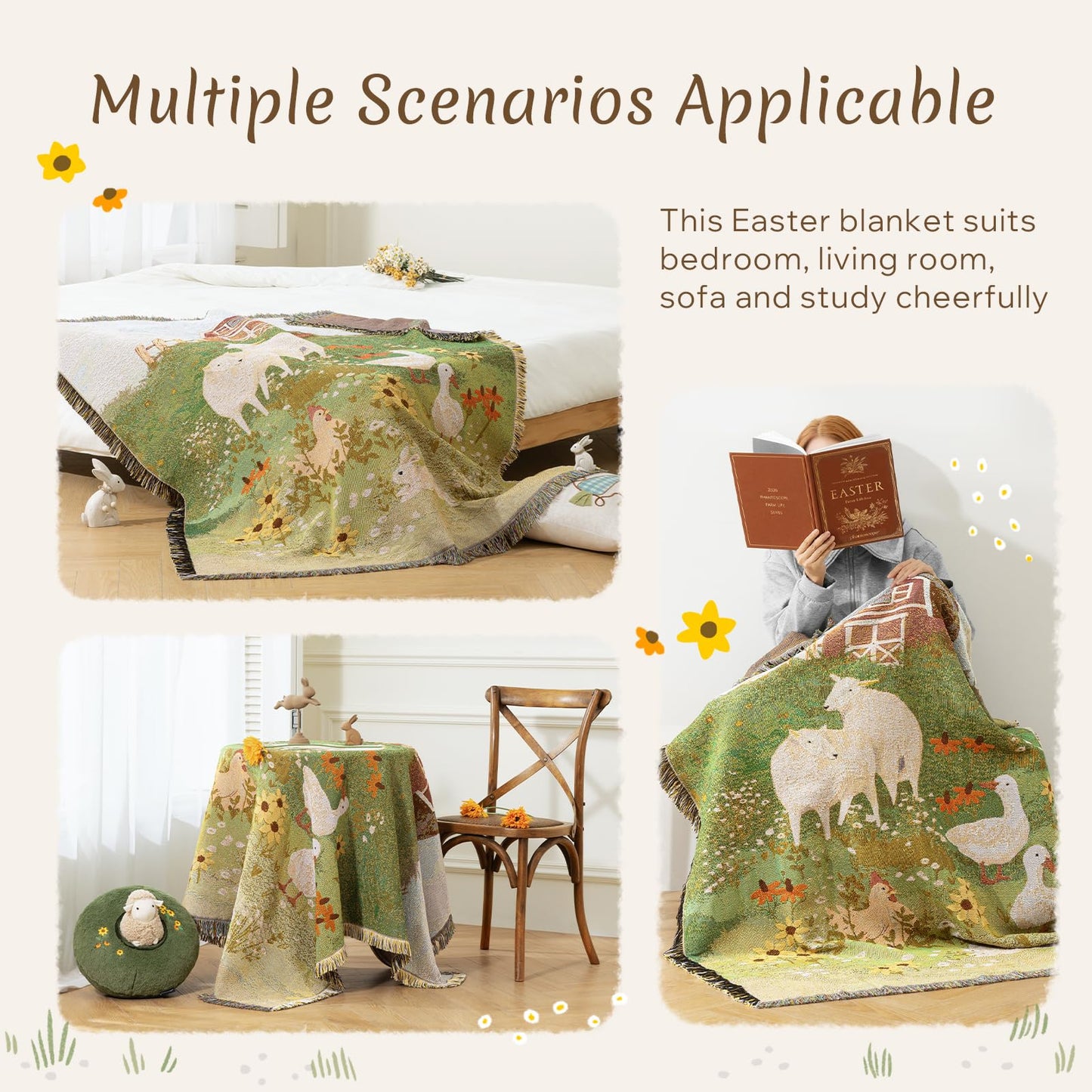 Phantoscope Spring Summer Throw Blanket, Jacquard Knitted Decorative Blanket with Tassels, 50"x60" Farmhouse Tapestry, for Mom, Couch Living Room Bedroom, Green