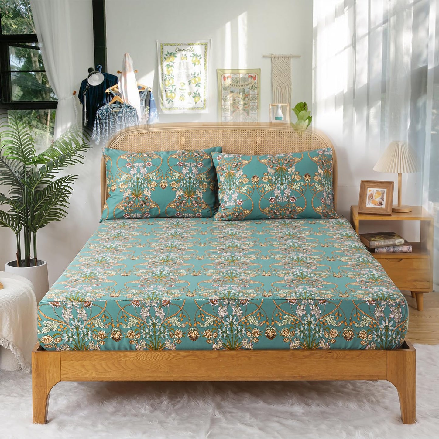 Zusbest Teal Floral Sheets Boho Queen Bed Sheets Set 100% Cotton Percale Shabby Vintage Blue Orange American Style Bedding Luxury Soft Breathable Crisp Bed Deep Pocket Fitted Sheet 4 Piece