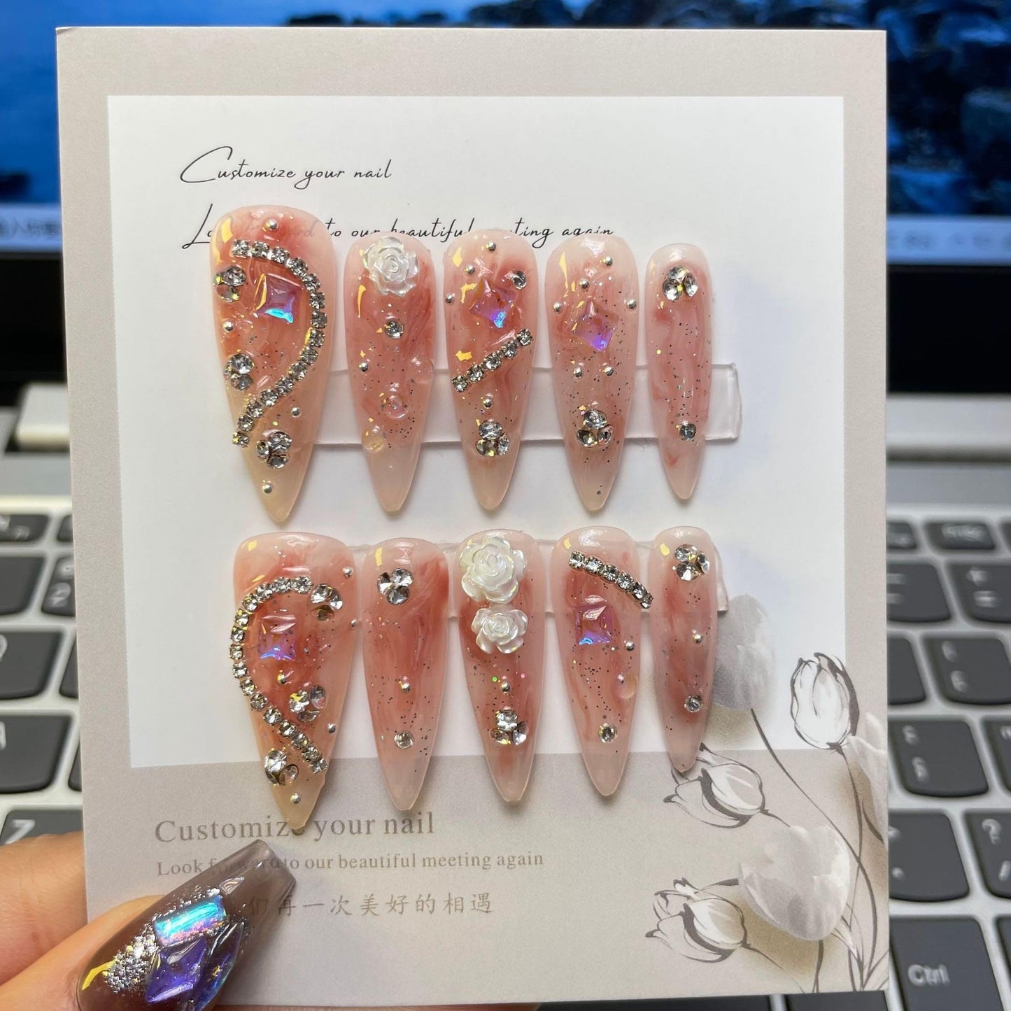 JIEADJIE Press On Nails (100% Handmade),Length Version,Handmade Painted Nail Art by Nail Technician,Luxury Party and Holiday Styles (Long dripping blusher, Small)