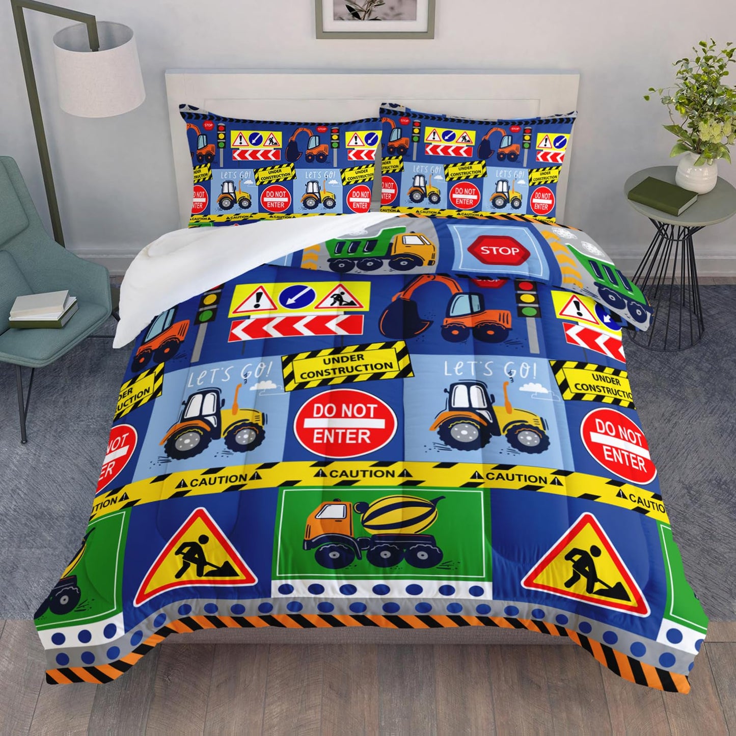 QOOMO 3Pcs Construction Comforter Set Twin,Excavator Bedding Set for Teens Boys Girls,Tractor Printed Comforter with 2 Pillowcases,Down Alternative,Soft and Lightweight