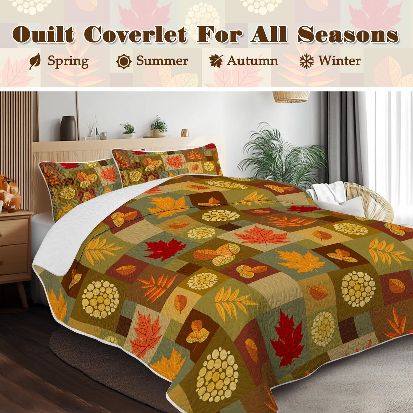BlessLiving Fall Quilt Set King Size: Ultra-Soft Microfiber Autumn Leaves Pattern Bedspread Coverlet Quilted Bedding Set, 3 Piece Autumn Bed Cover with 2 Pillow Shams for Thanksgiving Bedroom Decor