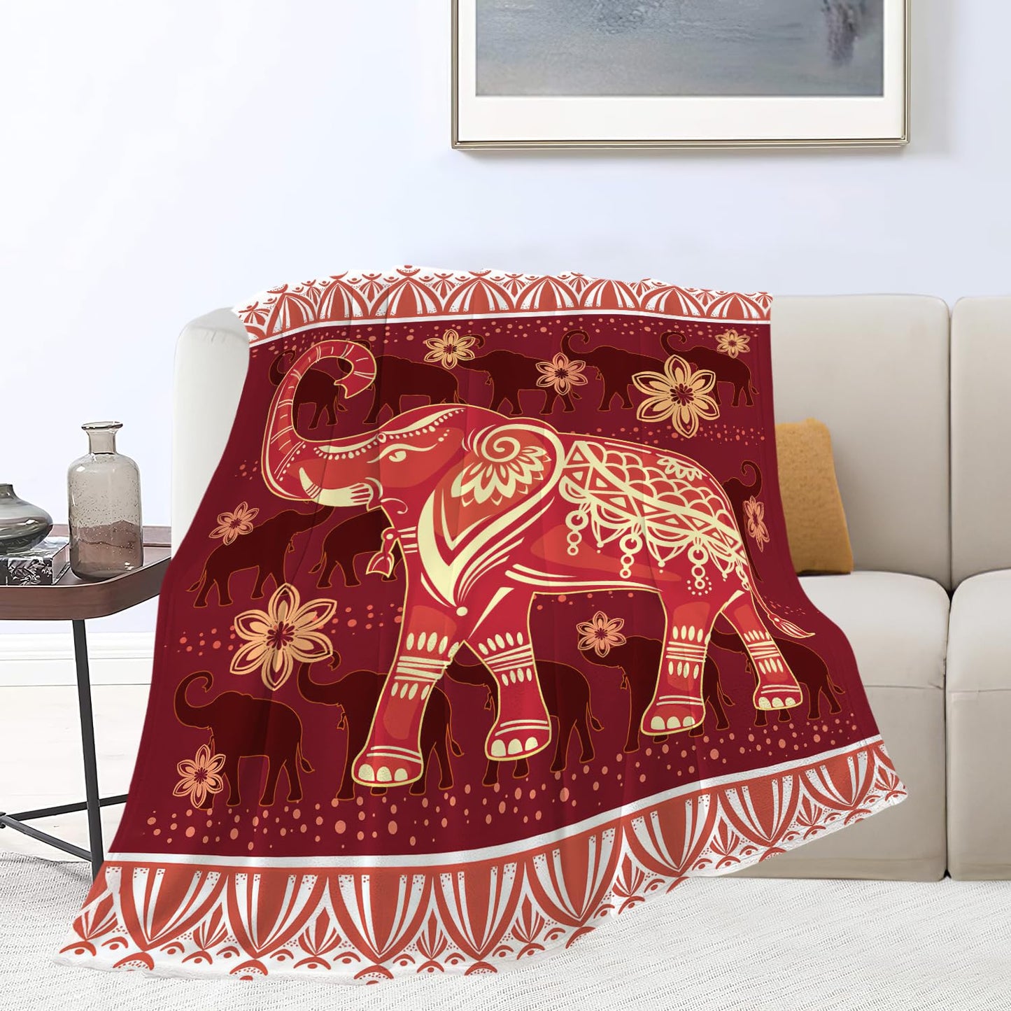 SweetFox Elephant Blanket Red Boho Elephant Decor Throw Blanket Gifts for Girls Boys Super Warm Soft Plush Lightweight Fleece Flannel Winter Couch Bedding Blankets for Kids Adults Women Men 50"X40"