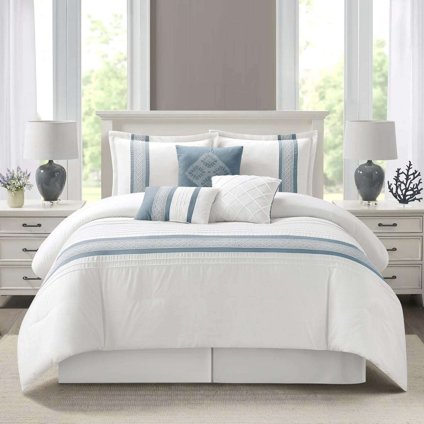 Stratford Park 7 Piece Striped Blue Comforter Set, Queen Size Microfiber Bedding, All Season Polyester Bedding Set, Matching Bed Skirt, Pillows & Shams