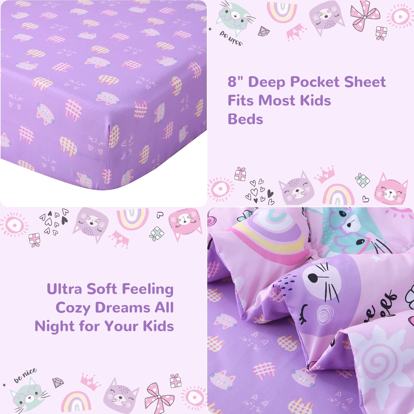 Viviland Purple Cat Toddler Comforter Sets, Cute Girls Toddler Bedding Set, Soft Microfiber Toddler Bed Set