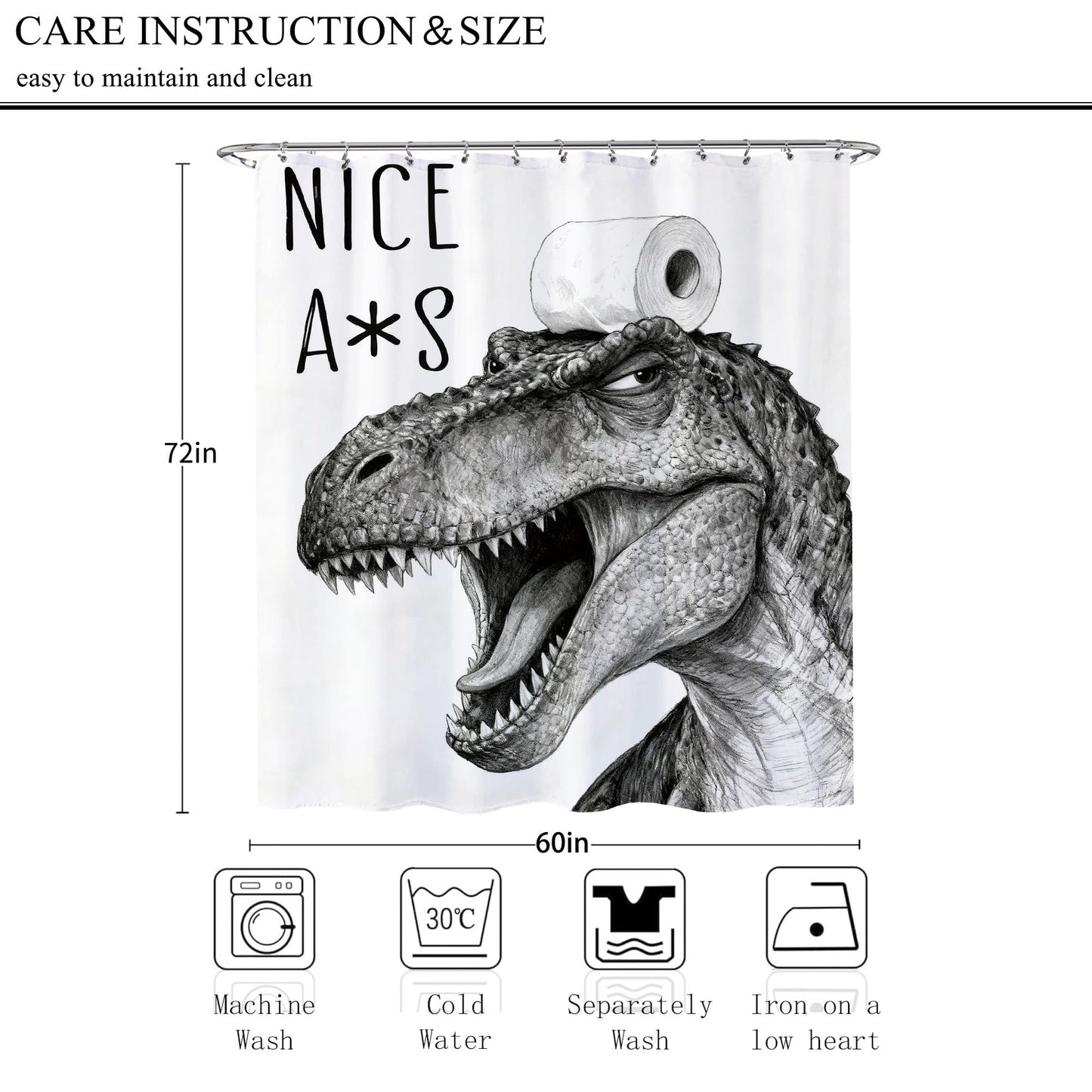 Opeoddie Funny Dinosaur Shower Curtain Black and White Fun Cute Animal Shower Curtains Set Cloth Fabric Dino Trex Raptor Whimsical Ridiculous Bathtub Curtain Teen Boys Kids Cool Bathroom Decor 60x72