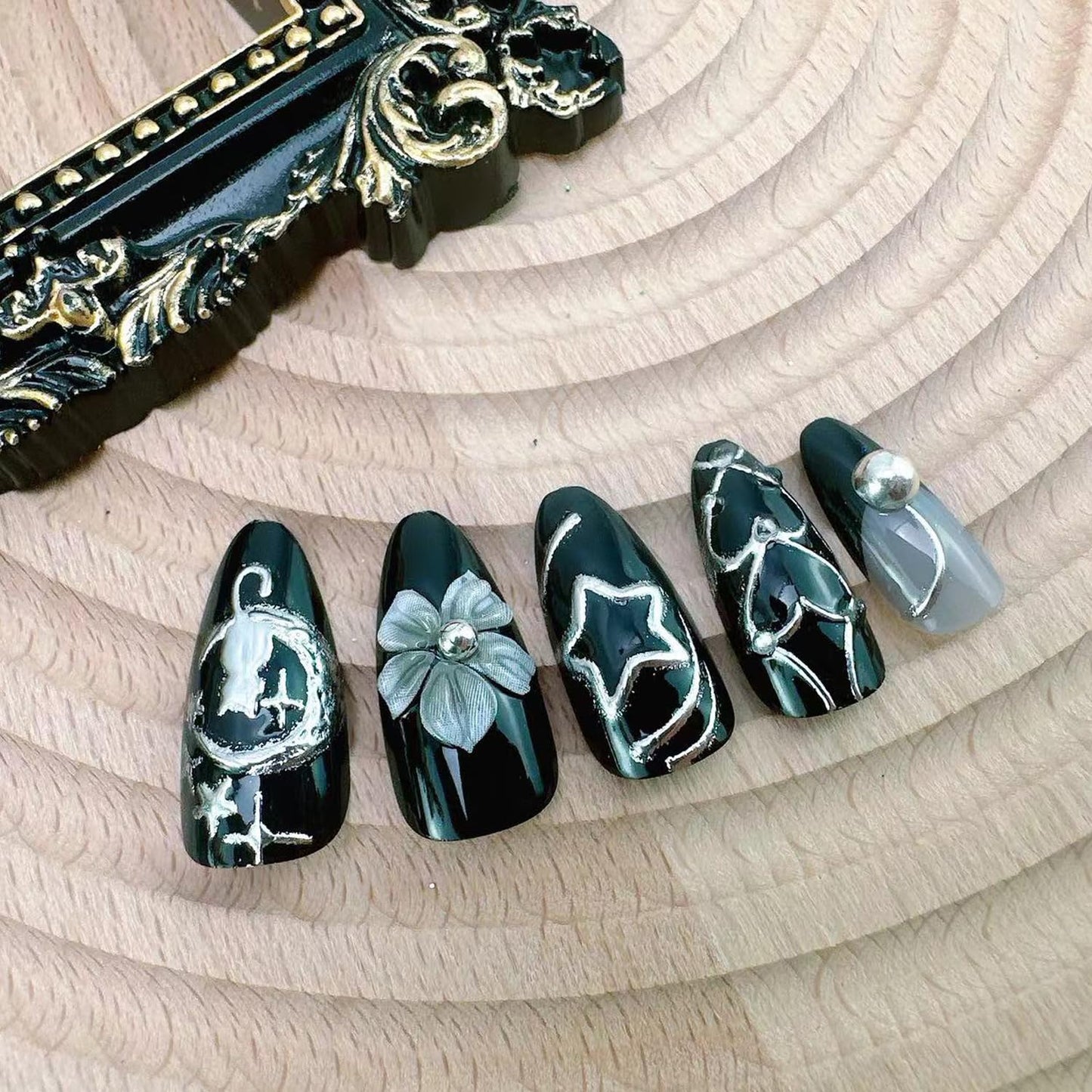 Black Chrome Press on Nails - Medium Almond Gothic Fake Nails with 3D Flower Cat Star Silver Heart Rhinestones Designs, Handmade Y2K Sweet Cool False Acrylic Nails for Women Daily Party 24Pcs Nail Kit