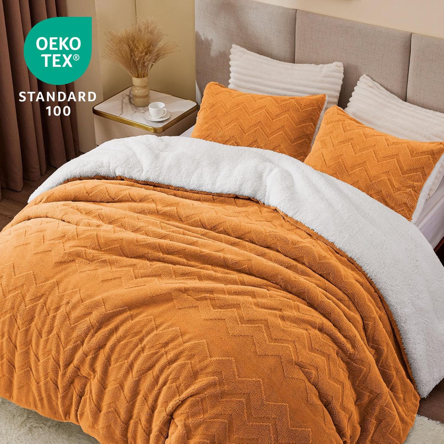 BEDELITE Fluffy Queen Comforter Set - Super Soft Sherpa Burnt Orange Comforter for Queen Size Bed, Luxury Warm Bedding Set for Winter, Fuzzy Bed Set 3 Pieces (1 Comforter, 2 Pillowcases)