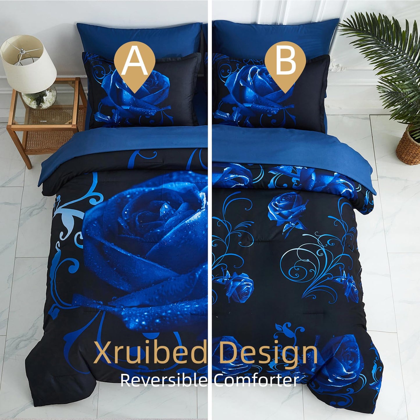 Xruibed Blue Comforter Set King 7 Piece Bed in a Bag Blue Rose Comforter with Sheet Set Soft Micorfiber Reversible Bedding Set (1 Comforter,2 Pillow Shams,1 Flat Sheet,1 Fitted Sheet,2 Pillowcases)
