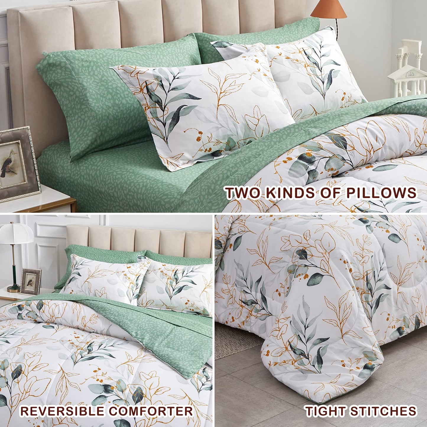 Joyreap 6 Piece Bed in a Bag Twin, Green Leaves Printed on White Botanical Design, Microfiber Comforter Set for All Season (1 Comforter, 2 Pillow Shams, 1 Flat Sheet, 1 Fitted Sheet, 1 Pillowcase)