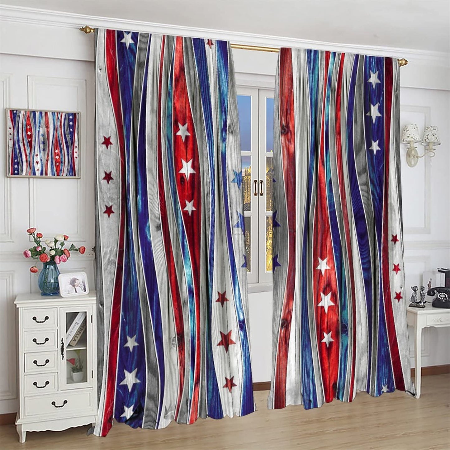 4th of July Independence Day Curtain,Blue and Red Stars USA Flag Patchwork Texture Design Window TRE 42x45in