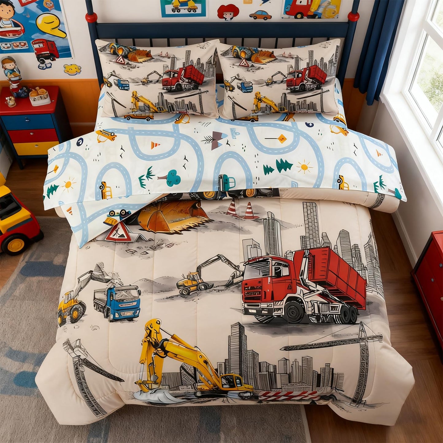 Holawakaka Trucks Tractors Cars Boy Bedding Comforter Set with Sheets, Twin Size Cartoon Construction Car Excavator Print Kids Bed in A Bag 5-Piece, Boys Reversible Dorm Bed Sets (Camel Twin)