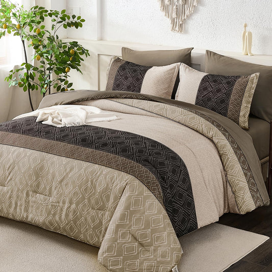 Dinjoy Boho Queen Comforter Set Light Brown,7 Piece Bed in a Bag Queen Size Lightweight Striped Bedding Sets with Plaid Comforters Bed Set with Sheets for Family All Season