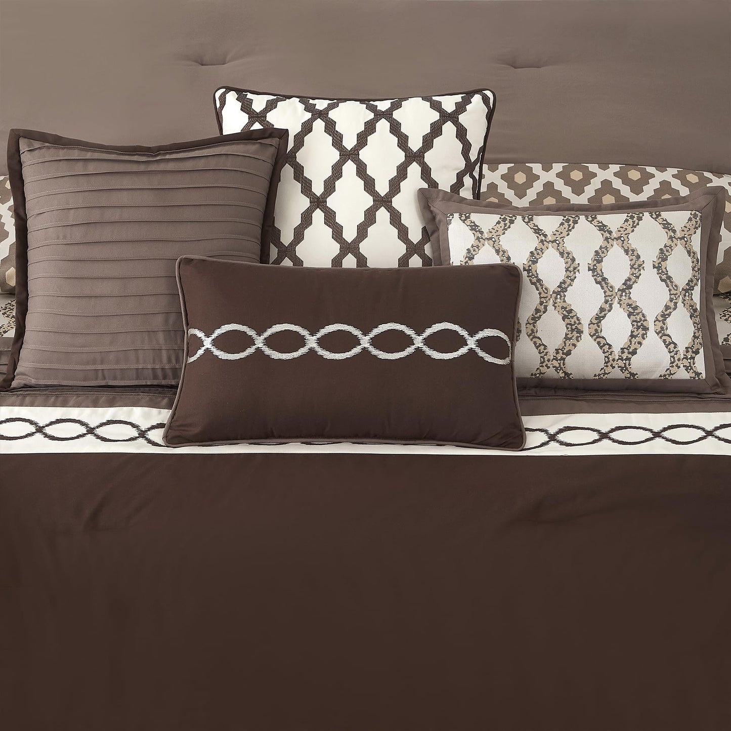 LANCO MODERN LIFESTYLE Queen Comforter Set, Brown, 10 Piece Bed in a Bag for All Seasons, Luxury Extreme Comfort Bedding Sets with Bedskirt, Pillow Shams, Euro Shams and Decor Pillows