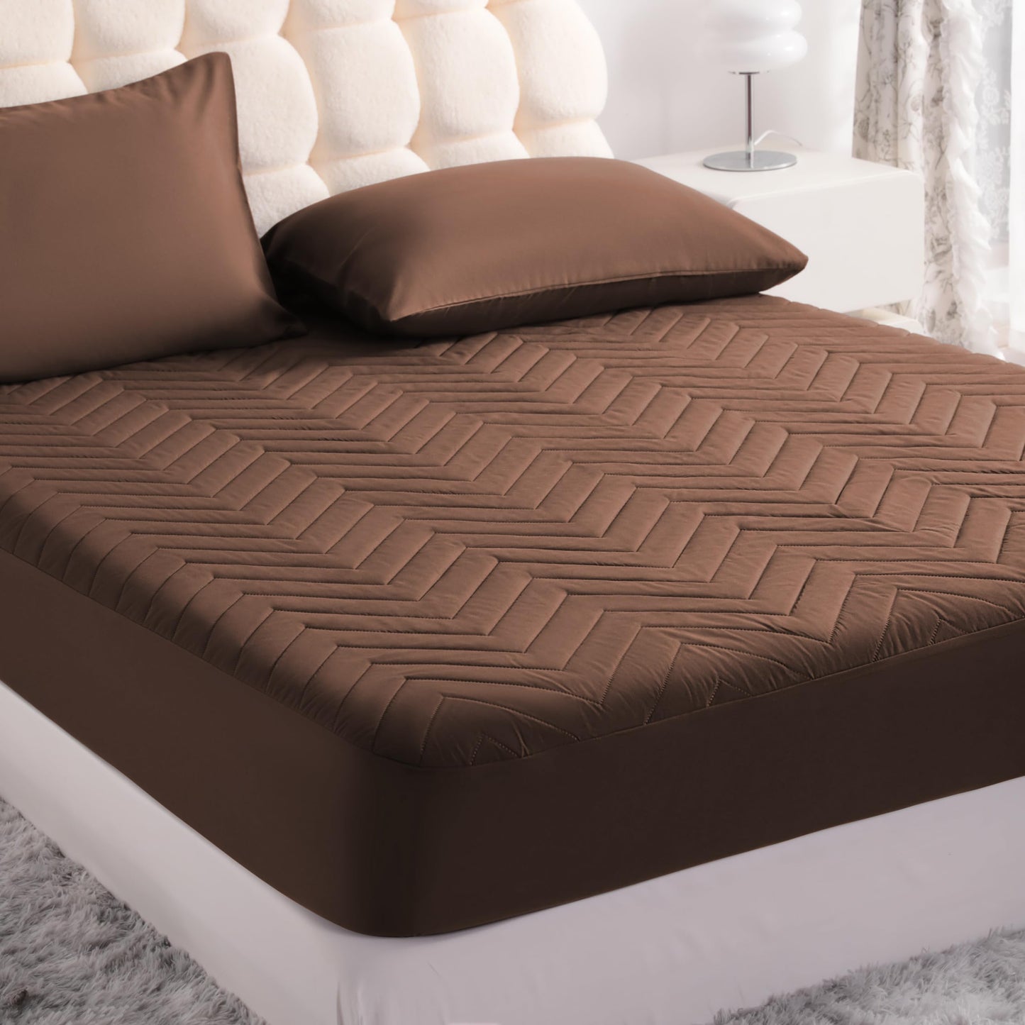 NTBAY Waterproof Mattress Protector, Quilted Twin Fitted Mattress Cover with 15" Deep Pocket- Machine Washable - Soft Mattress Pad Cover, Brown