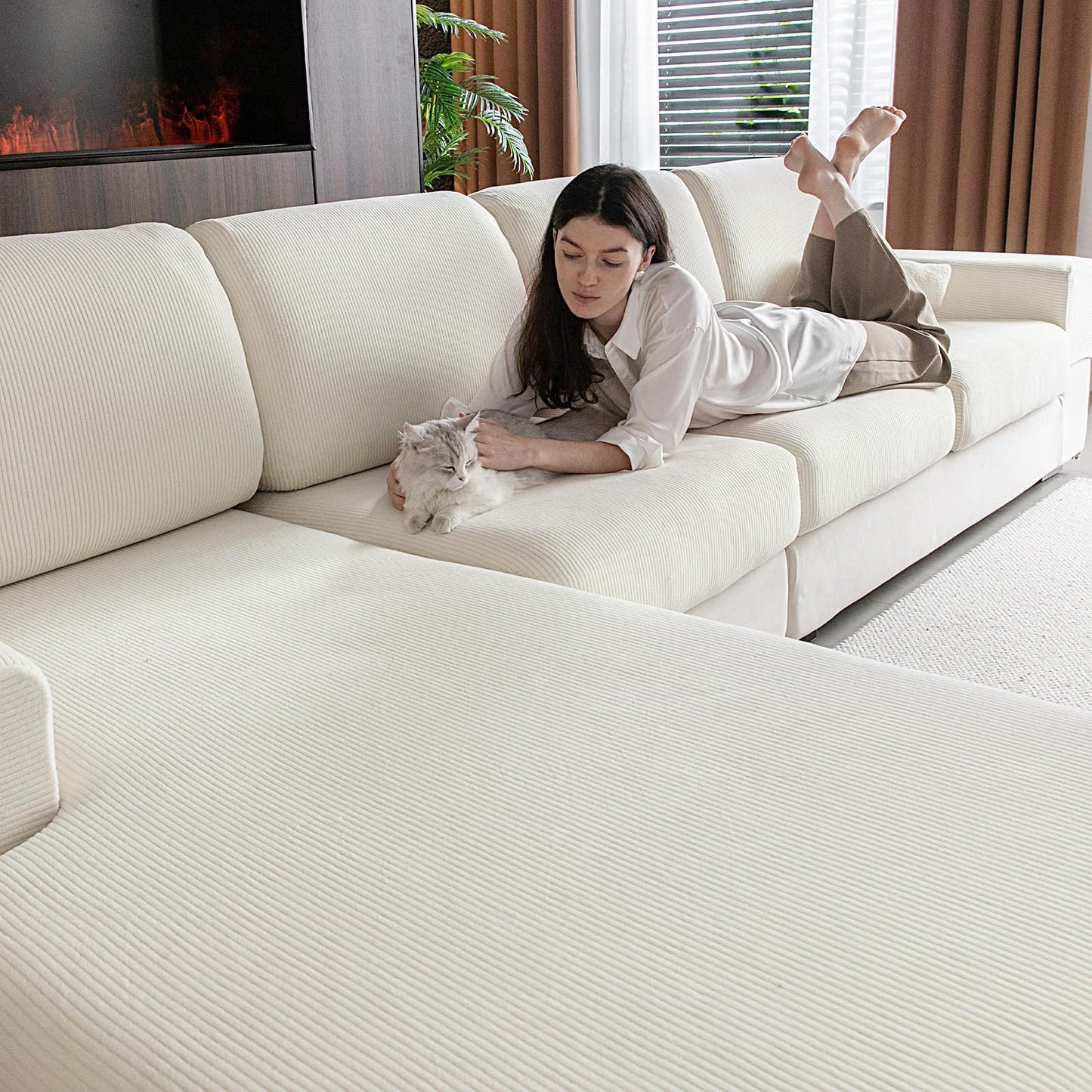 OHSIO Sectional Couch Covers, Wear Resistant Stretch Sofa Covers Washable Soft Couch Cushion Covers Anti Slip Furniture Protector Sofa Slipcovers for Pets(4 Pieces 3 Seaters+1 Chaise, Ivory)