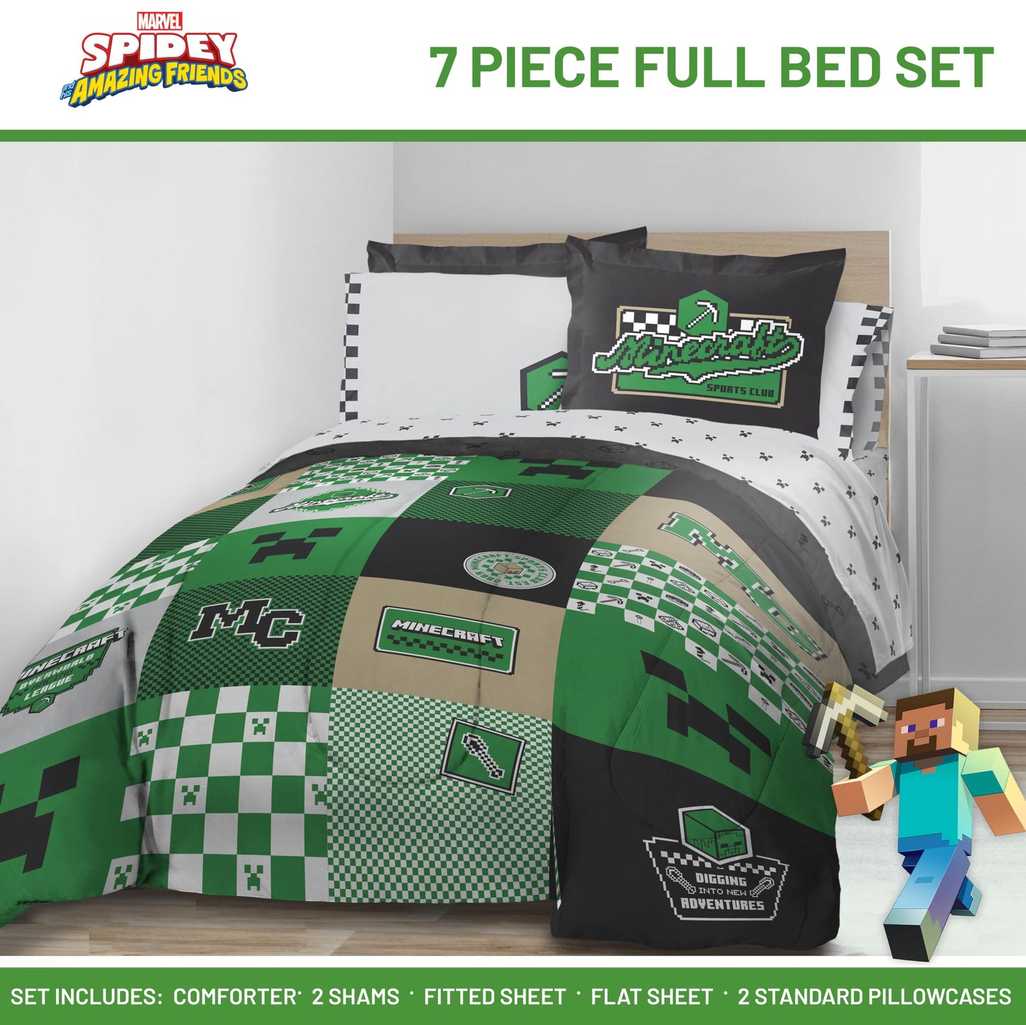 Jay Franco Kids Comforter Set Includes Sheets and Pillow Covers - Soft and Cozy Bed Set for Stylish Room Decor, Official Licensed Bedding, Multi - Minecraft, 7 Piece Full