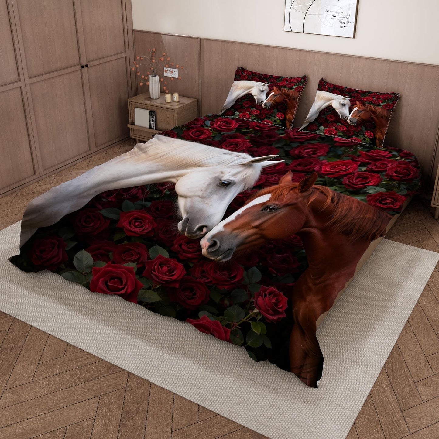 3D Horse Duvet Cover King Size 104x90in Soft Breathable Microfiber Rose Bedding Set Zipper Closure Reversible Comforter Cover 3 Pieces with 2 Pillow Shams (WJT 23-5)