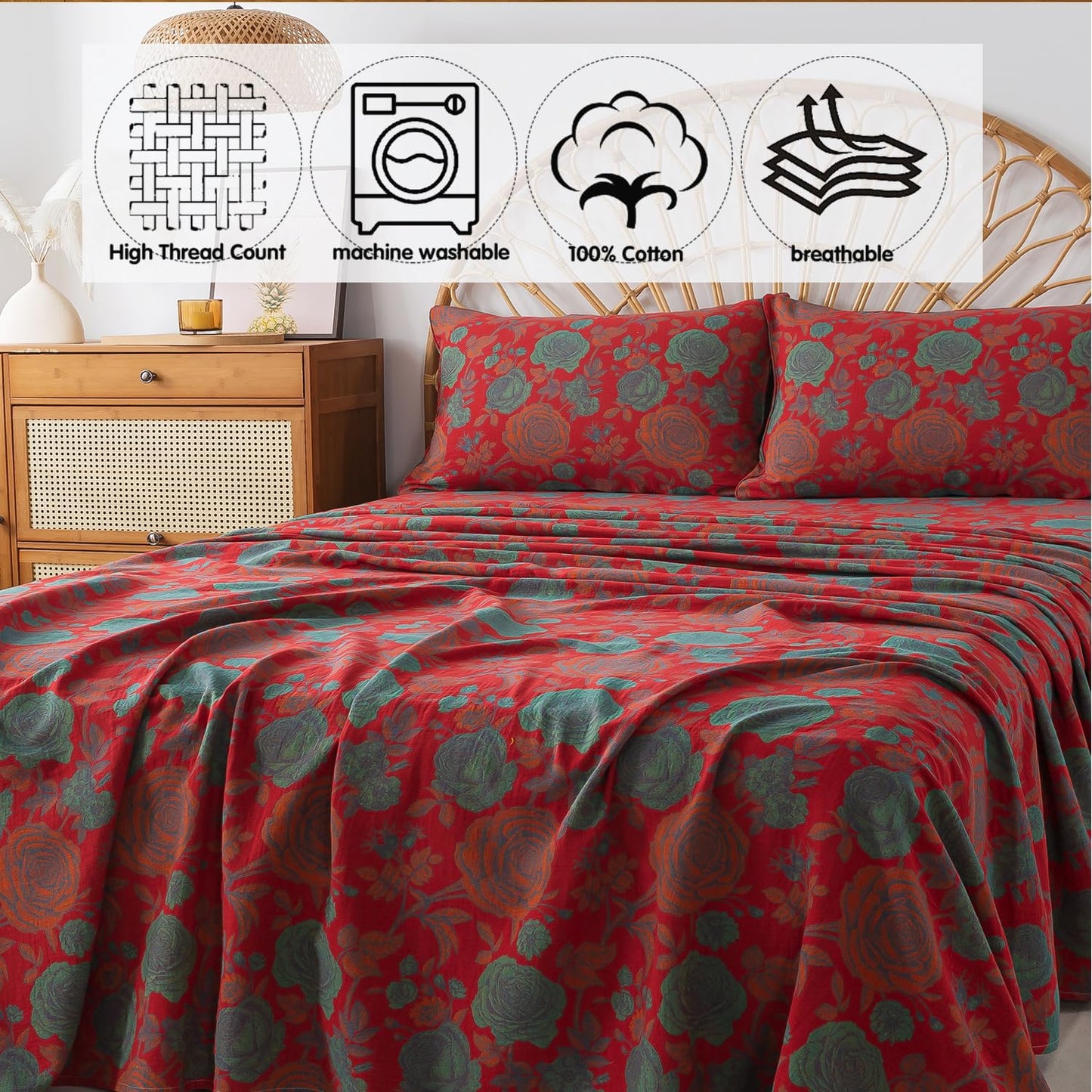 FADFAY Double Gauze 100% Cotton Queen Sheets Set Floral Bed Sheets Deep Pocket Fitted Sheet, Luxury Rose Pattern Shabby Vintage Countryside Style Bedding 4Pcs