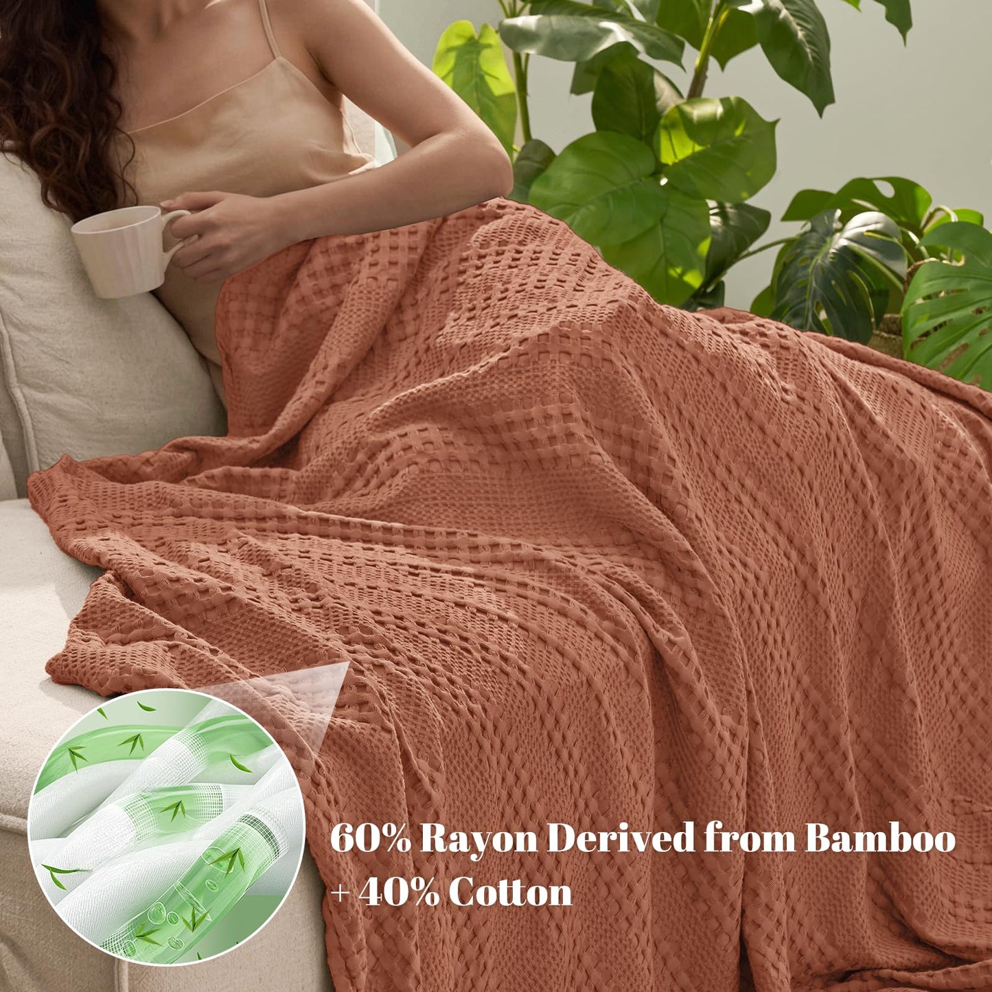 PHF Cooling Waffle Blanket Queen Size, Lightweight 60% Rayon from Bamboo & 40% Cotton Breathable Blanket for Hot Sleepers, Summer Use, Soft Luxury for Bed Couch Sofa, 90"x90", Terracotta