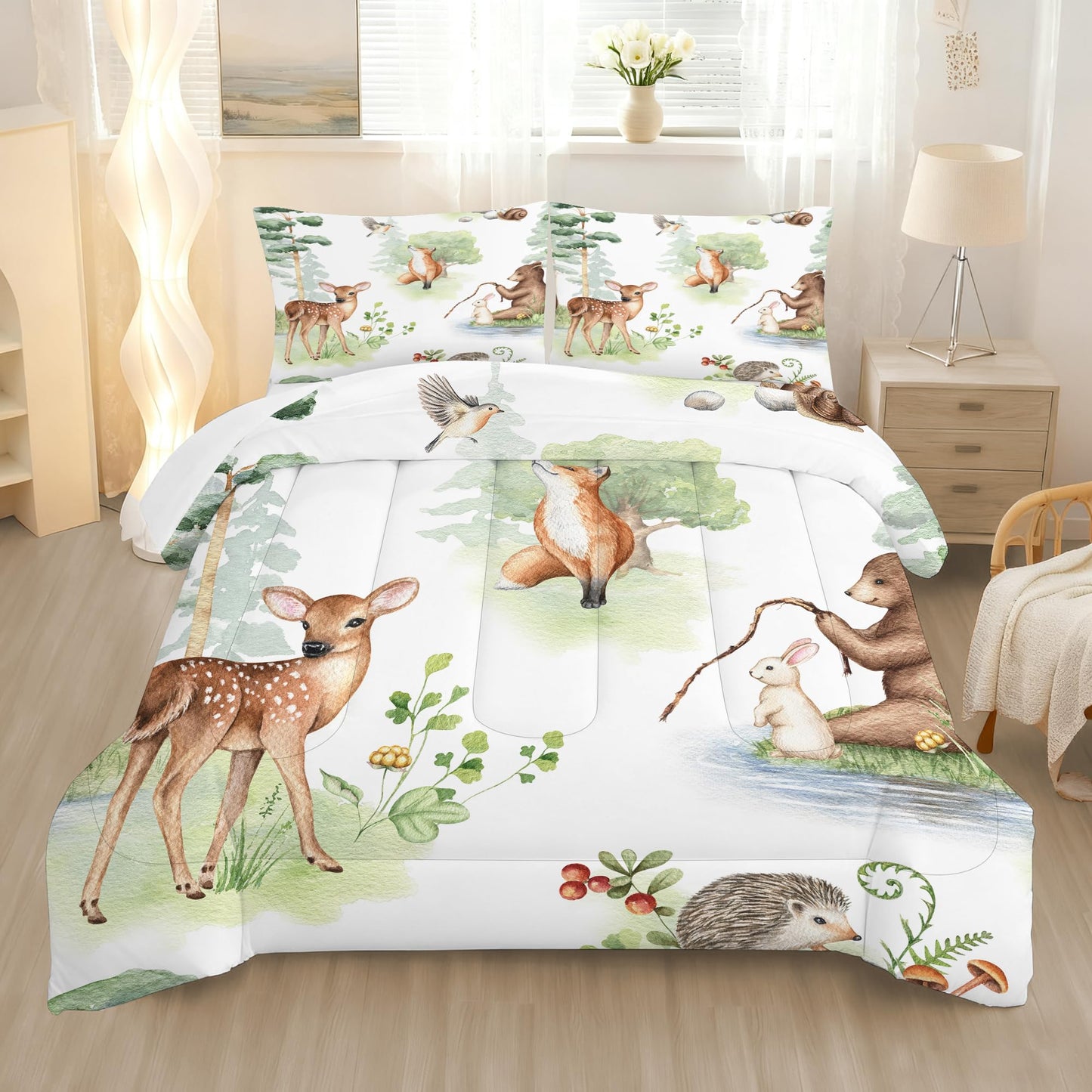 VTKON Wildlife Animals Comforter Set Twin for Kids Woodland Fox Deer and Bear Print Bedding Set Soft Cartoon Animal Print Bed Set White Green Forest Quilt Set with 1 Comforter + 1 Pillowcase