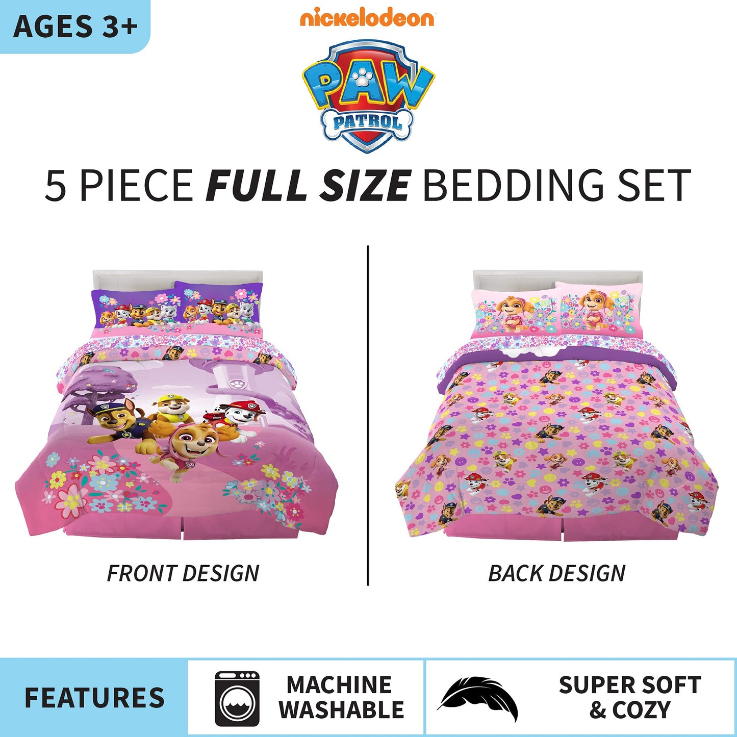 Franco Kids Bedding Super Soft Comforter and Sheet Set, 5 Piece Full Size, Paw Patrol Girls
