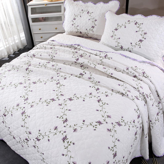 Quilt Set Purple Floral 3D Embroidery Pattern 3 PCS 100% Cotton Reversible Quilted Embroidered Decorative Bedspreads Coverlet Set, Lightweight &Soft Queen Size White Bedding Coverlet for All Season
