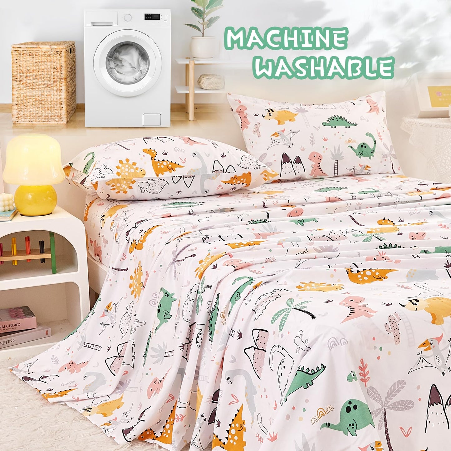 Yibeizi Dinosaur Full Size Sheet Set for Boys, Kids Cute Bedsheet Dino Microfiber Deep Pocket Bedding Sheets & Pillowcases 4 Pieces