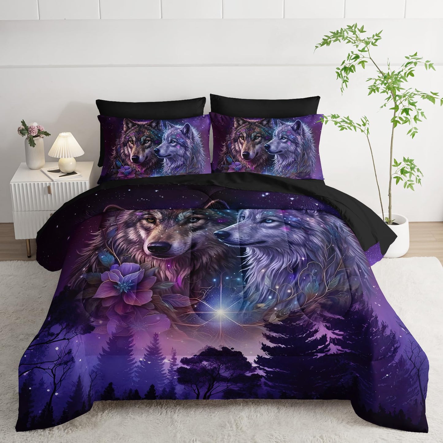 AILONEN Wolf Comforter Bedding Set Full Size,Purple Starry Night Galaxy Bed in a Bag,7Pcs Soft Microfiber Black Comforter,Fitted Sheet,Flat Sheet,2 Pillowcases,2 Pillow Shams