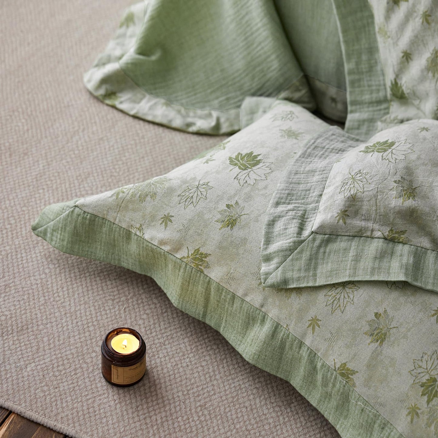 mixinni Yarn-Dyed Jacquard Duvet Cover King, Green Botanical Leaf Print 3-Piece Bedding Set with Wide Edge Piping, Soft Breathable Double Layer Gauze for All Seasons (1 Duvet Cover + 2 Pillowcases)