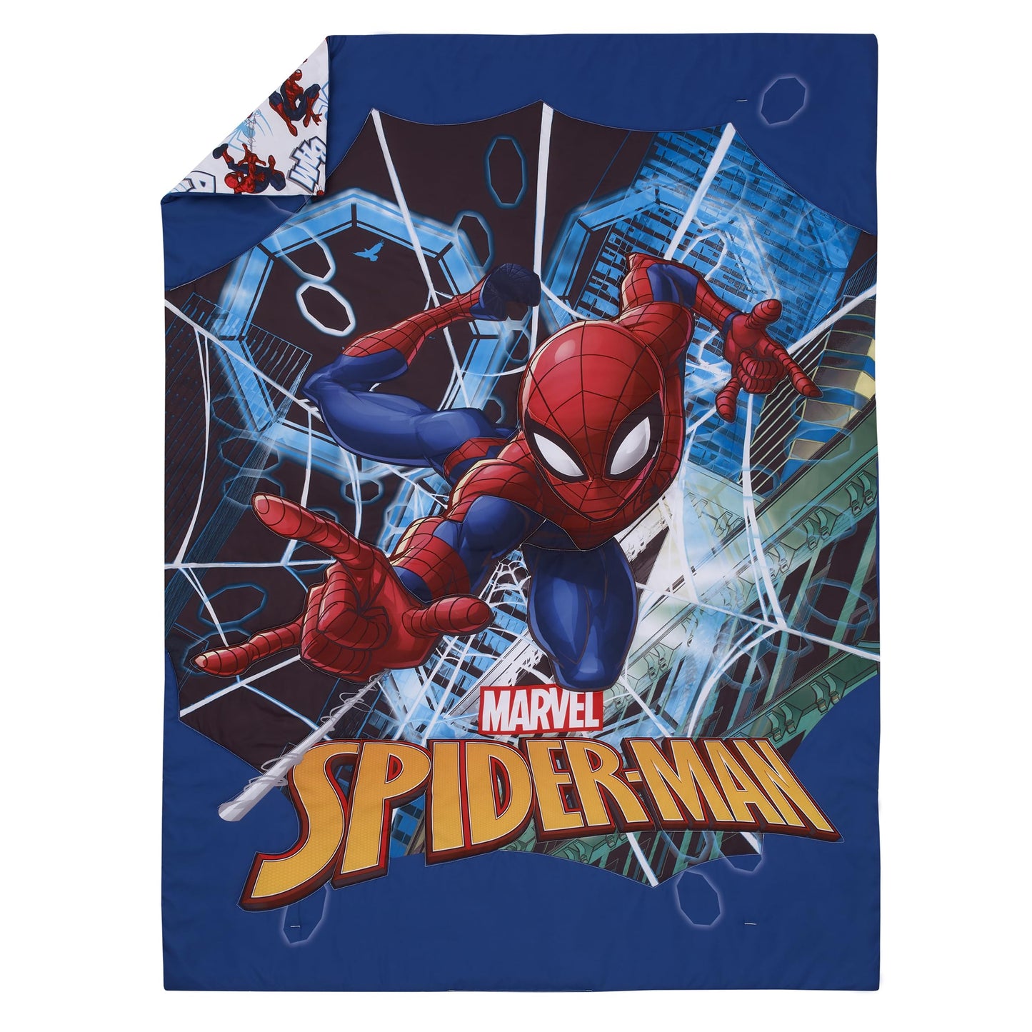 NoJo Marvel Spiderman to The Rescue Red, White, and Blue 4 Piece Toddler Bed Set - Comforter, Fitted Bottom Sheet, Flat Top Sheet, and Reversible Pillowcase