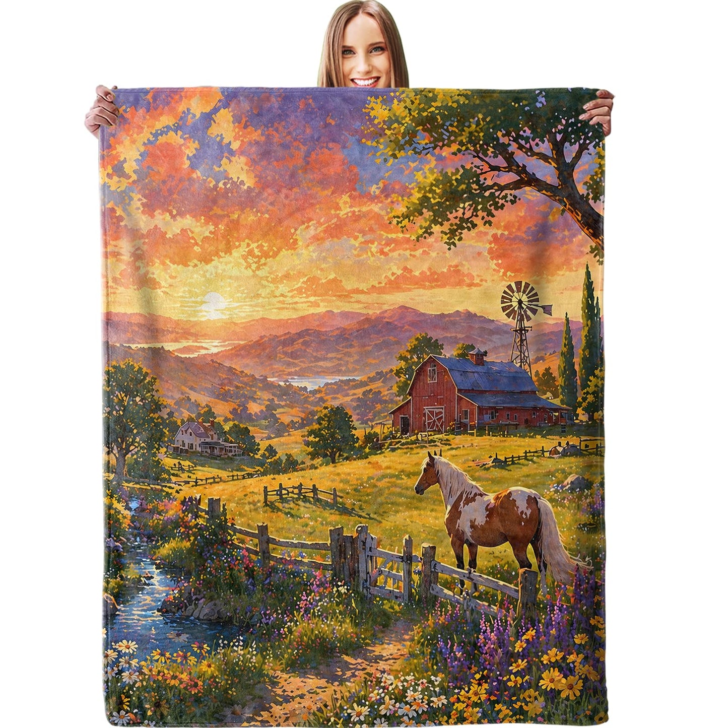 dhakalrlde Golden Sunset Horse Farm Blanket, Soft Meadow Stallion Throw Blanket Gifts for Men Women Teens, Lightweight Warm Cozy 60×50 inch Rustic Flannel for Couch, Travel, Bed, Decor