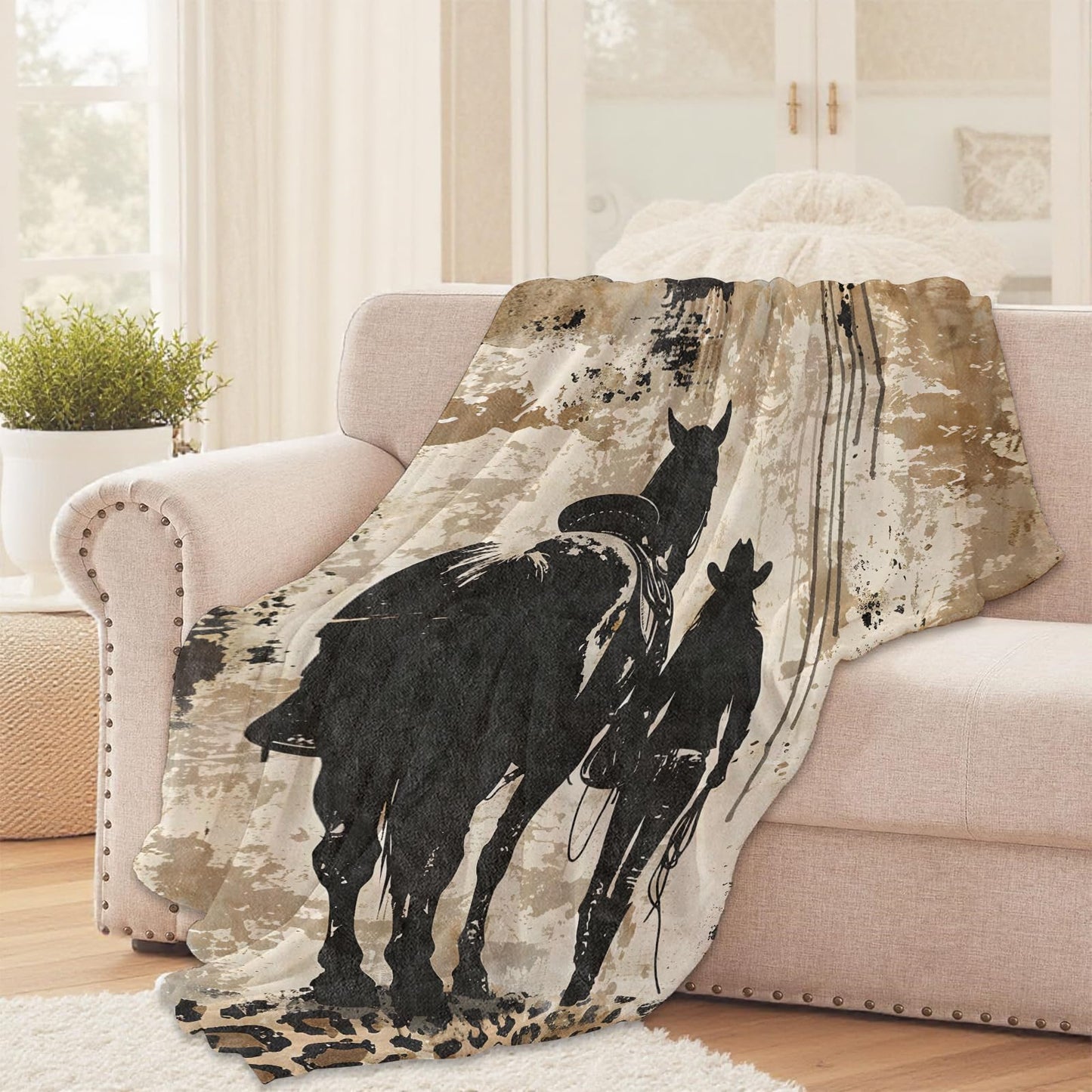 Cowgirl and Horse Throw Blanket for Girls Boys Kids Adults, 50x60 in, Cozy Flannel Blanket for Bedroom, Camping, Couch, Room Decor, Fuzzy Warm Soft Gifts