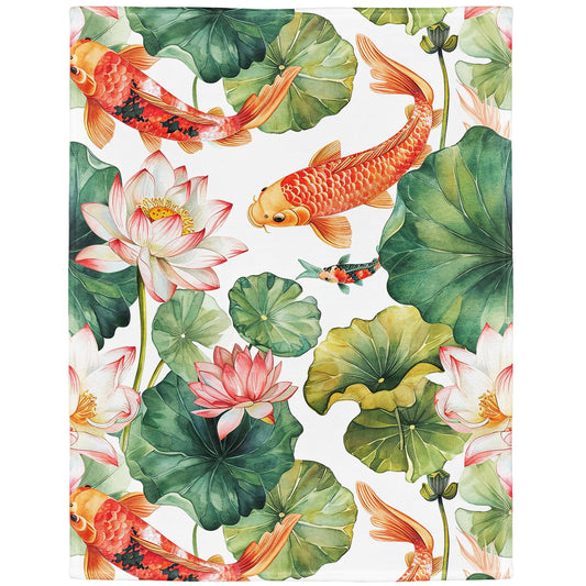 Lotus & Koi Fish Blanket, Traditional Art Home Decor, Super Soft Fleece Throw Blankets for Couch Sofa Bed, 60" x 80"