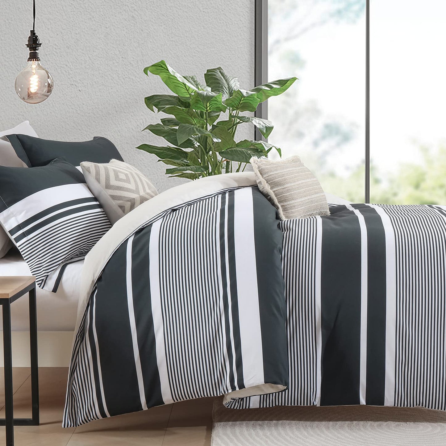 CozyDH Duvet Cover Set King Size - 100% Cotton 400 Thread Count Lightweight Soft Modern, 3 Pieces Striped Bedding Set with 8 Ties Zipper Closure (Black Gray, 104x90, NO Comforter)