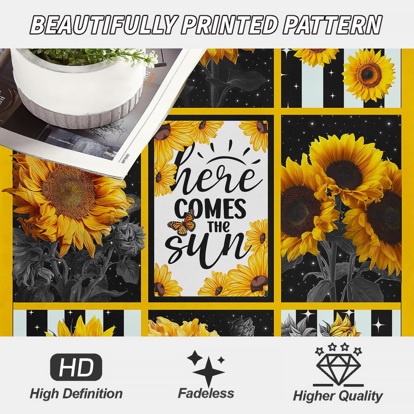 XSMEI Sunflower Throw Blanket, Stars Butterfly Stripe Design, Soft Cozy Fleece Blanket for Couch Bed, 60 x 80 Inches