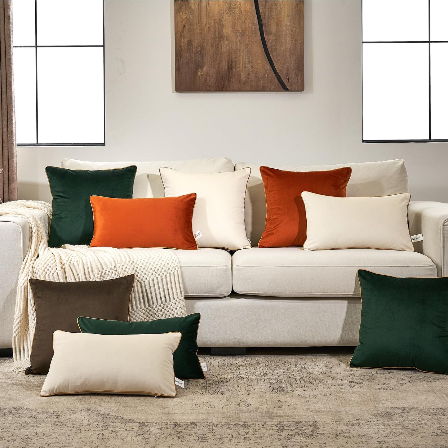 Aeckself Pack of 2 Green Velvet Pillow Covers 24 x 24 Inch, Large Modern Luxury Decorative Pillowcase with Gold Trim Edge, Comfortable Soft Solid Cushion Case for Couch Bedroom Living Room