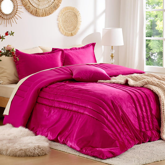 MUSSEL Hot Pink Queen Comforter Set 3 Pieces,Luxury Lightweight Fluffy All Season Cozy Velvet Bedding Comforter Sets,Neutral Striped Bedroom Comforter with 2 Shams