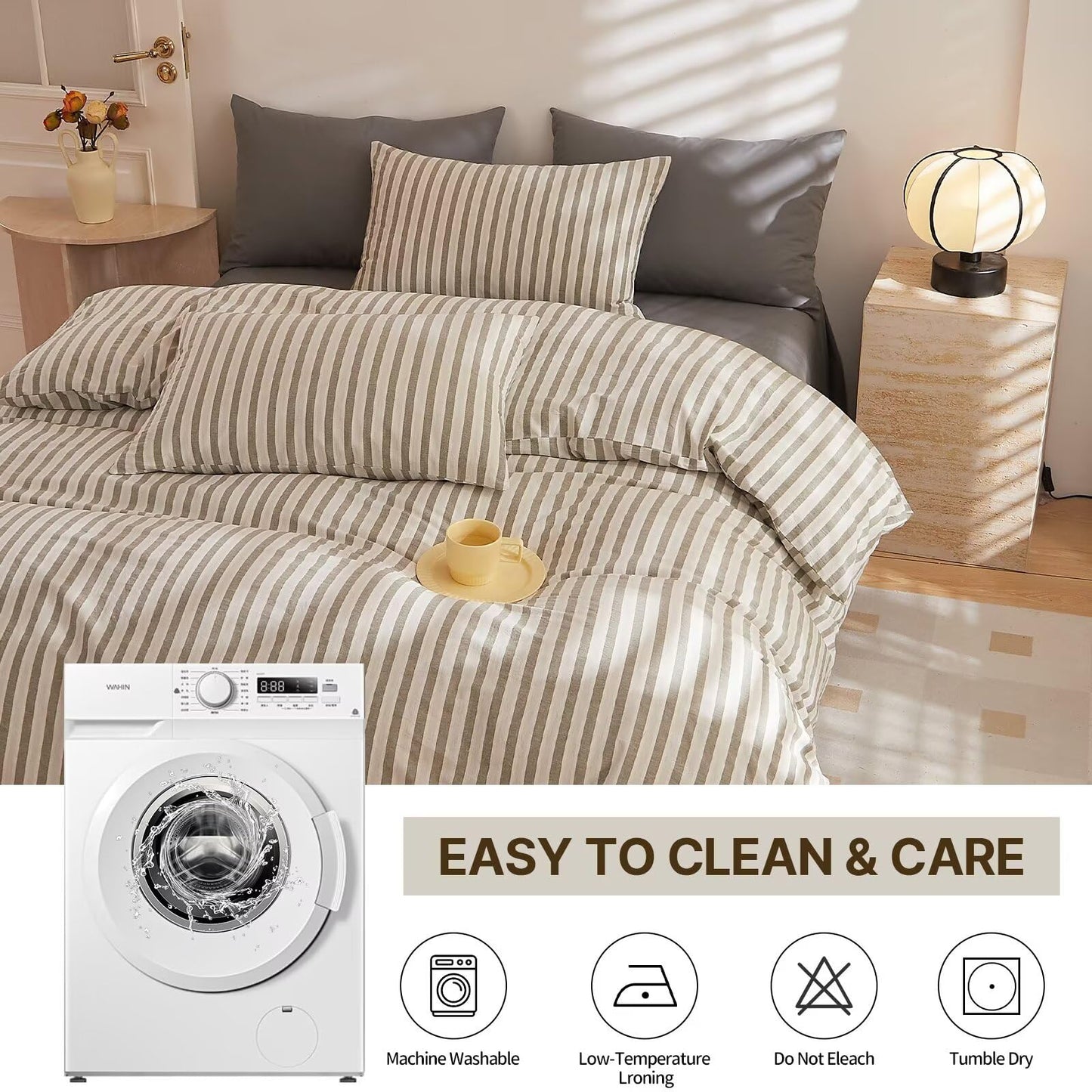 AMZTOP Soft Cotton King Size Duvet Cover Set 3 Pcs,1 Duvet Cover and 2 Pillowcases,100% Washed Cotton Grey Striped Design Bed Set,Zipper Closure Comforter Covers King Size 104"×90"