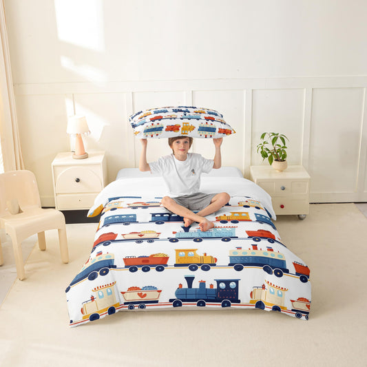 Cartoon Train Duvet Cover Twin Size Transport Vehicles Comforter Cover for Teens Adults Kids Colorful Cars Bedding Set Vintage Train Tracks Breathable 2 Pieces Decorative Bed Cover(No Comforter)