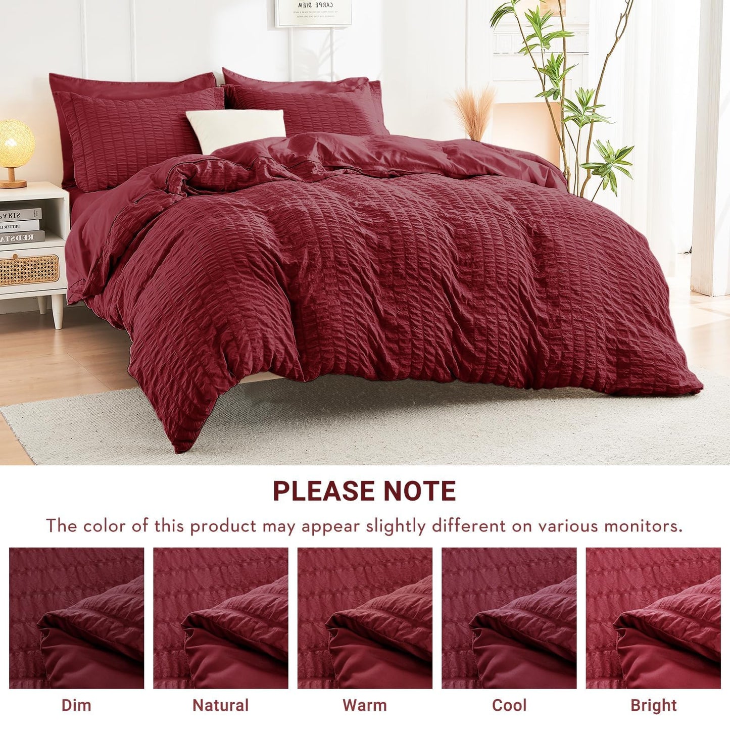 HYMOKEGE Burgundy Oversized Queen Comforter Set Seersucker 7 Pieces, All Season Luxury Bed in a Bag for Bedroom, Bedding Set with Comforter, Sheets, Pillowcases & Shams