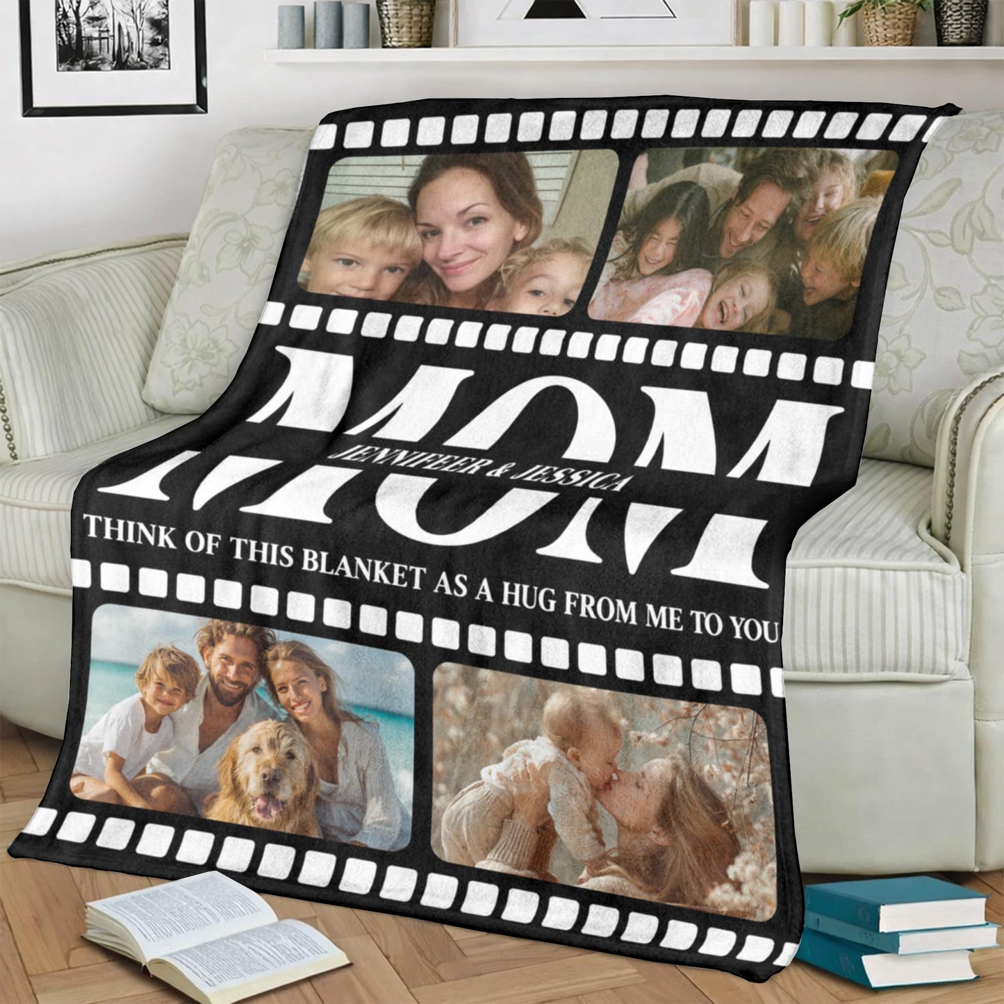 KiKiLuna Personalized Photo Filmstrip Flannel Throw Blanket, Custom Mom Gift with 4 Pictures and Names, 14 Background Color Options, Mother's Day Birthday Christmas Home Decor