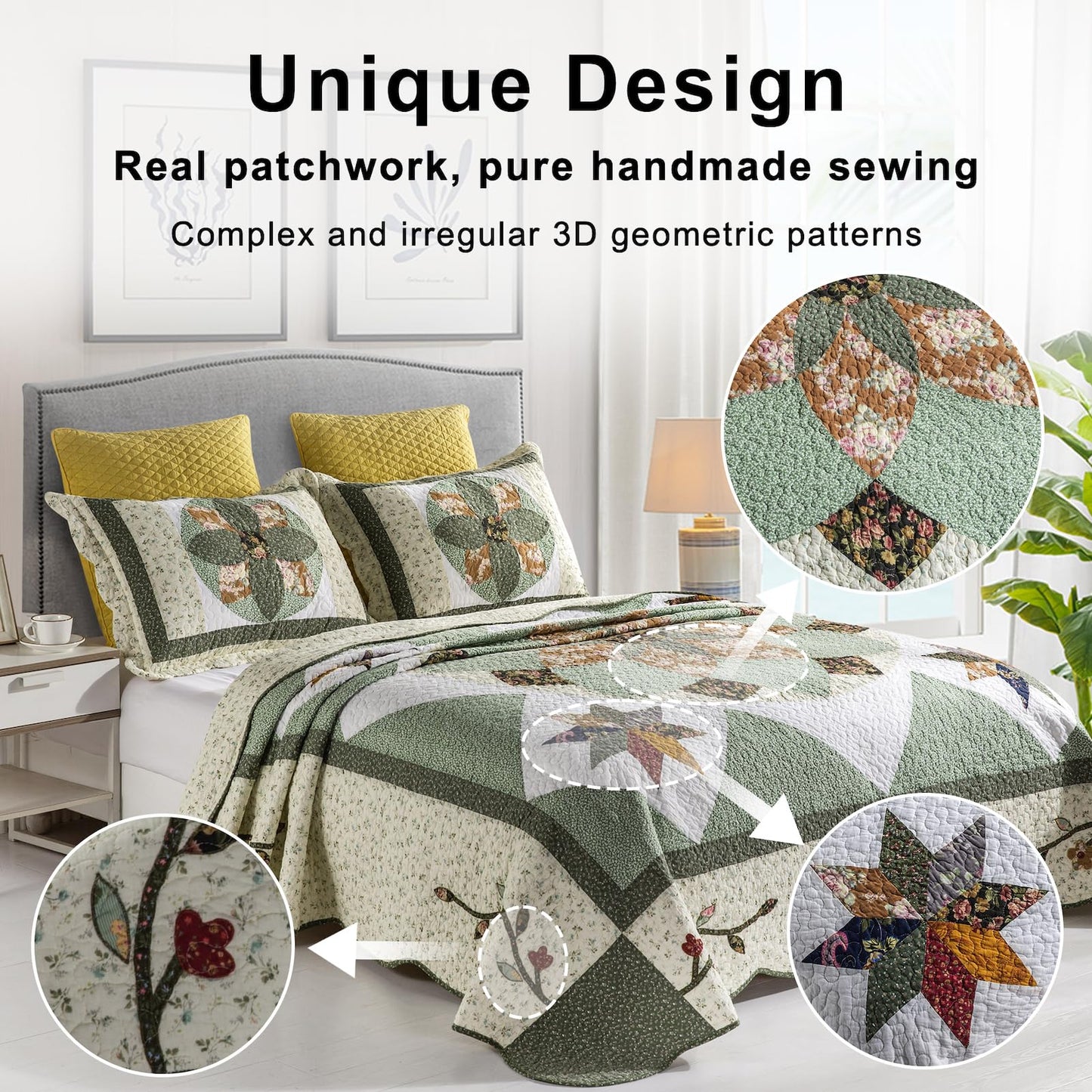 YAYIDAY Quilts Queen Size Patchwork Bedspread Set - 100% Cotton Reversible Breathable Green Earth Geometric Quilted Quilt with Pillow Shams for All Seasons